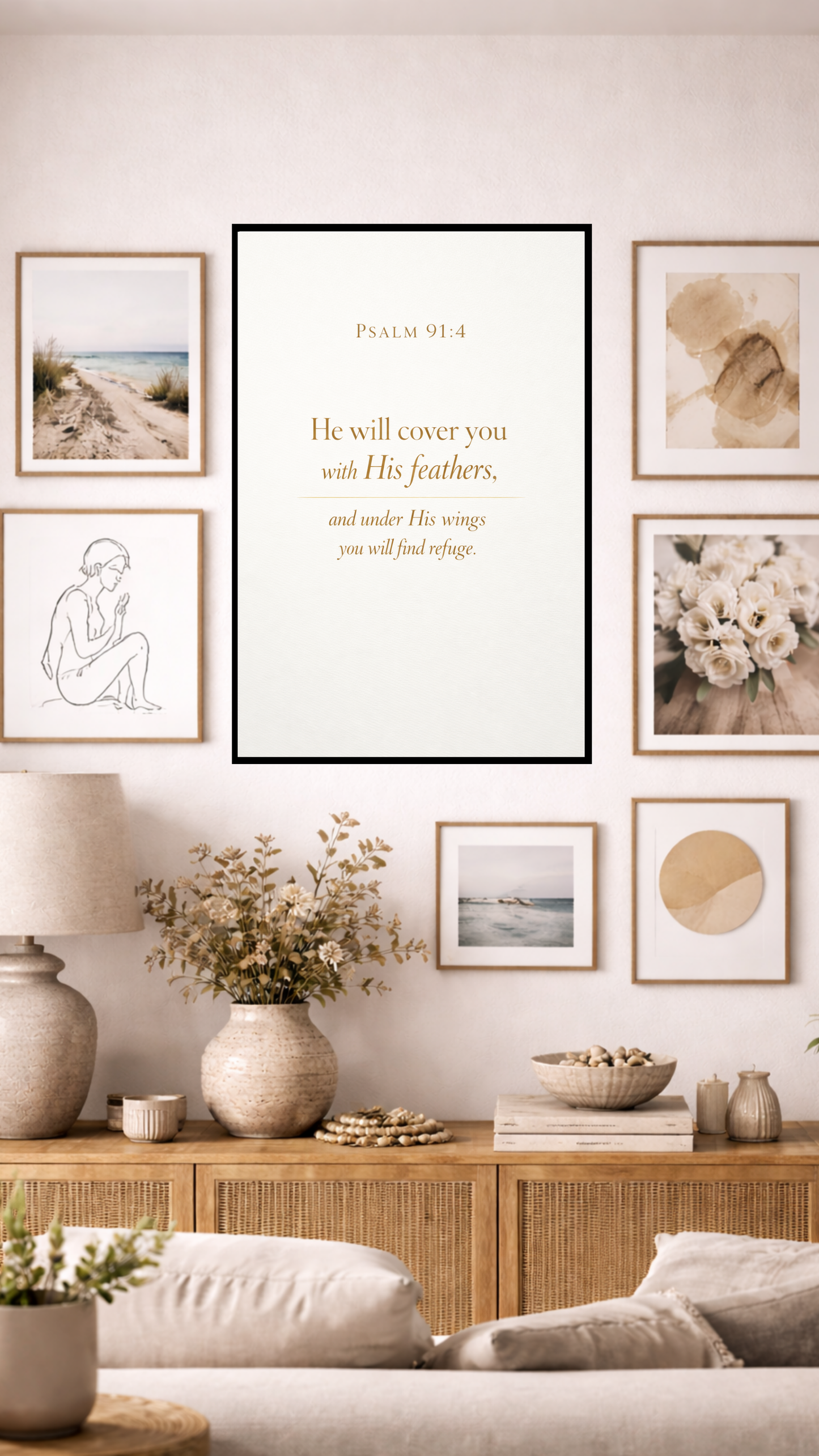 Psalm 91:4 “He Will Cover You With His Feathers” Bible Verse Wall Art – Home Decor