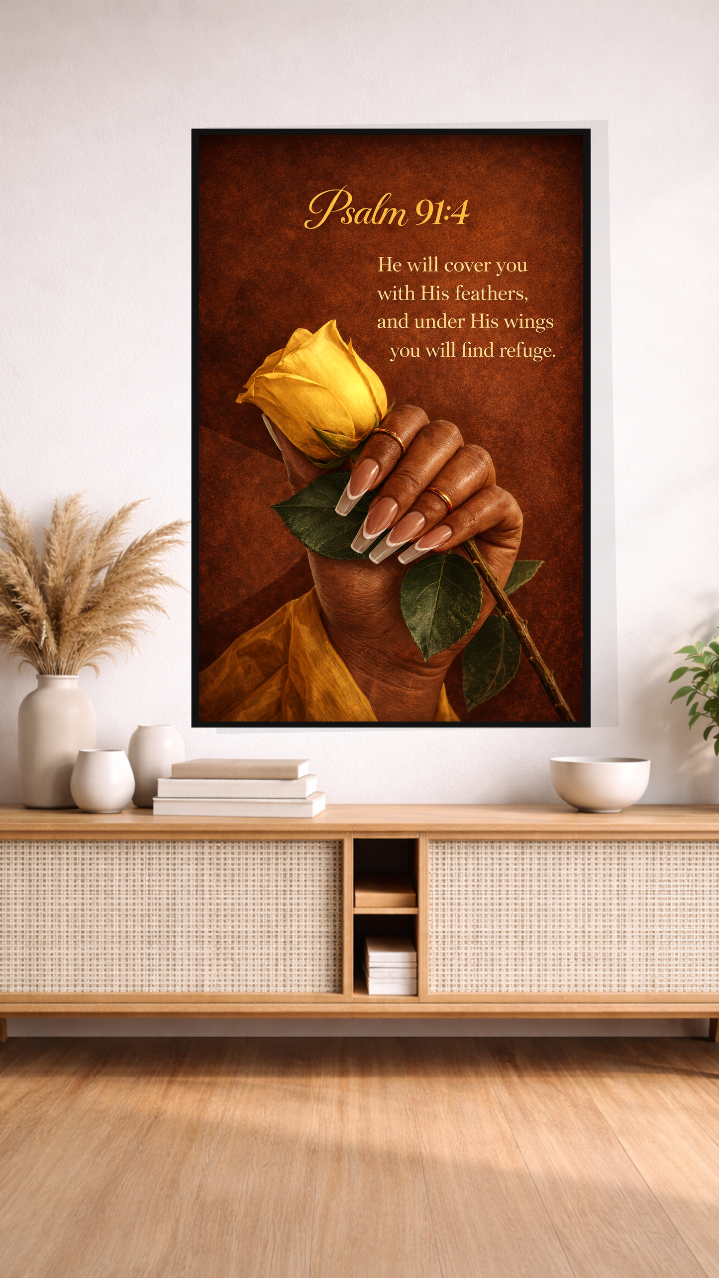 Psalm 91:4 “He Will Cover You With His Feathers” Bible Verse Wall Art – Home Decor