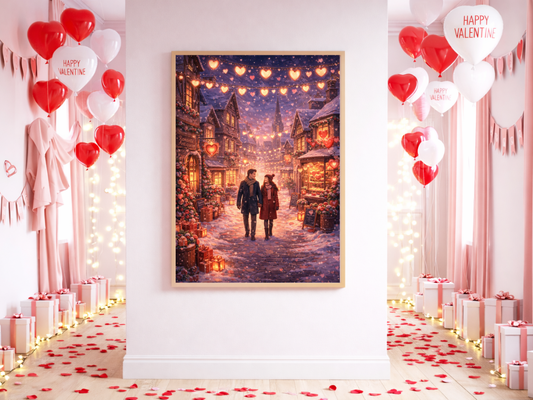 Valentine Village Wall Art – Romantic Couple Night Love Scene | Digital Download