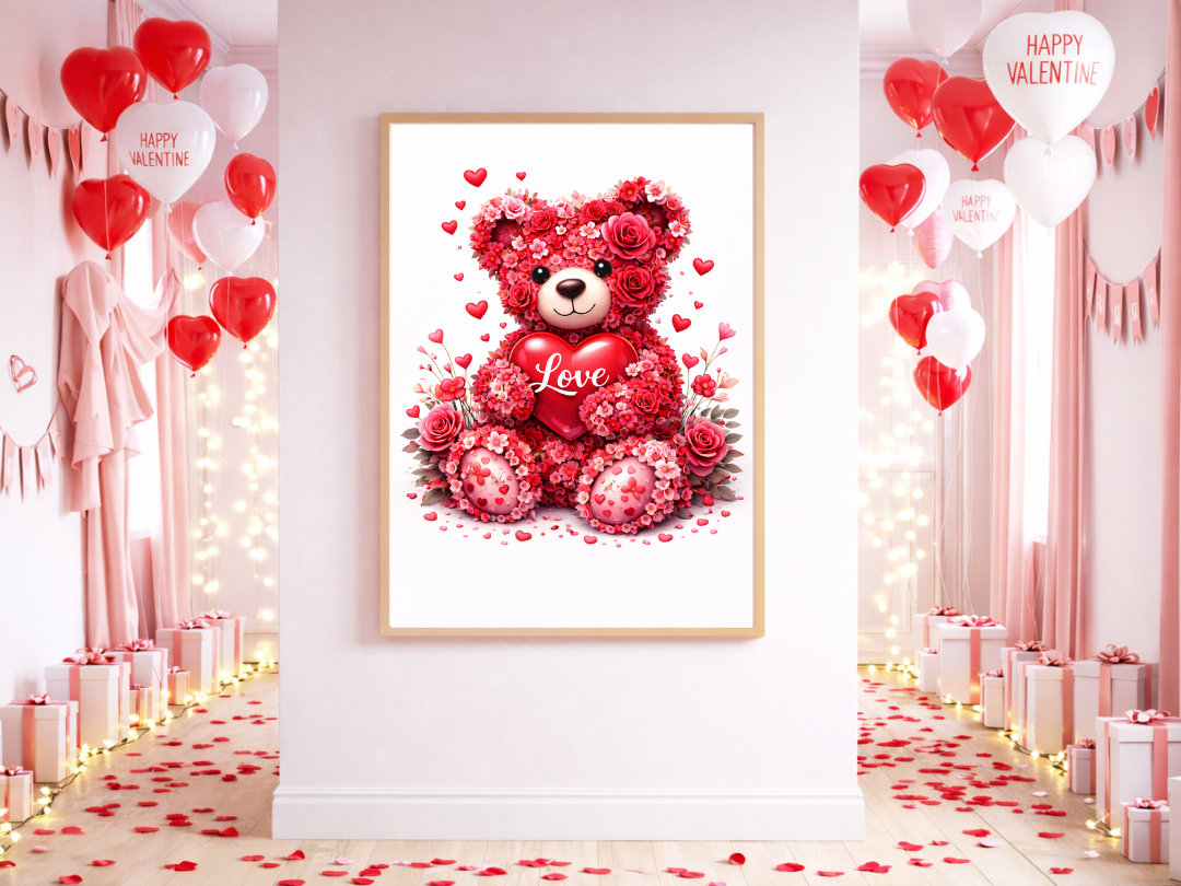 Floral Teddy Bear Love Wall Art – Valentine’s Day Decor & Gift | Digital Download