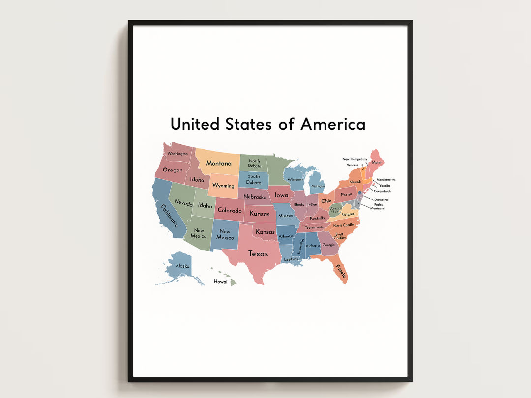 USA Map Poster – Educational States Wall Art for Kids | Digital Download