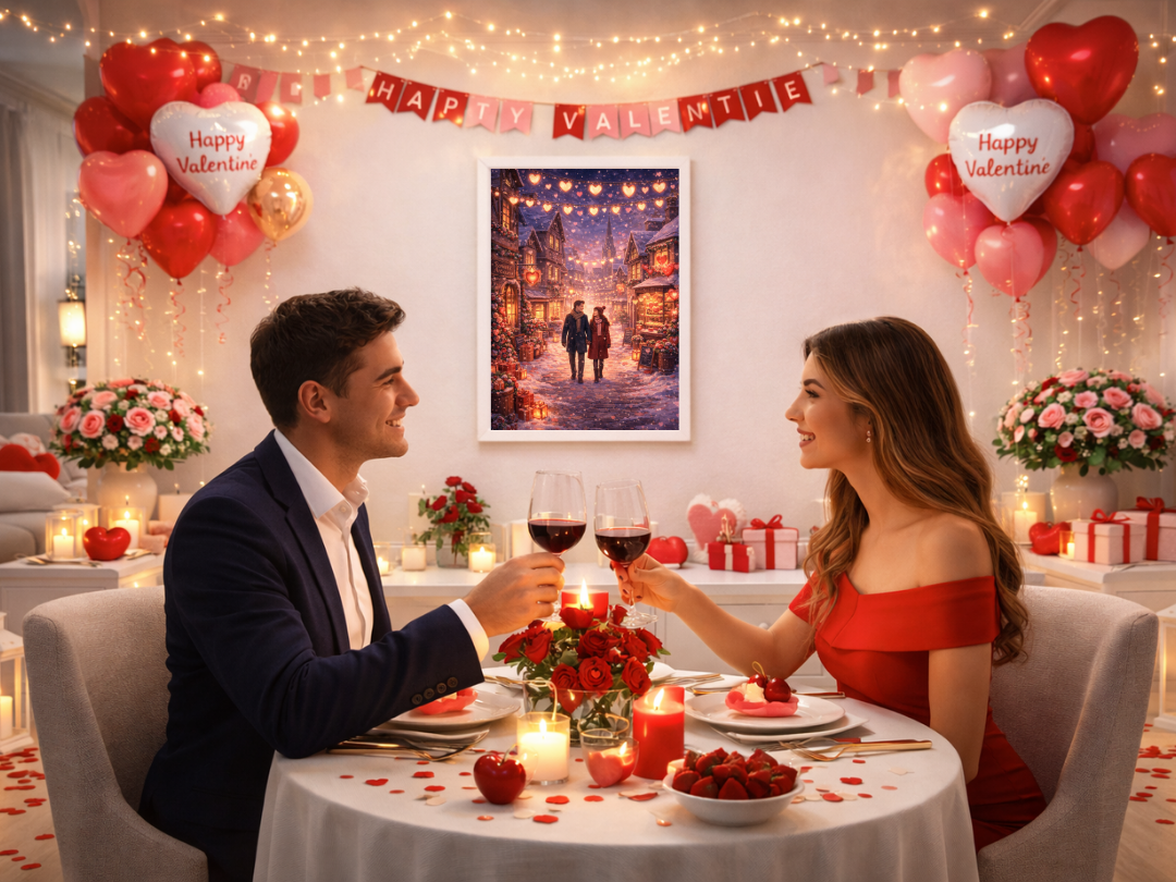 Valentine Village Wall Art – Romantic Couple Night Love Scene | Digital Download