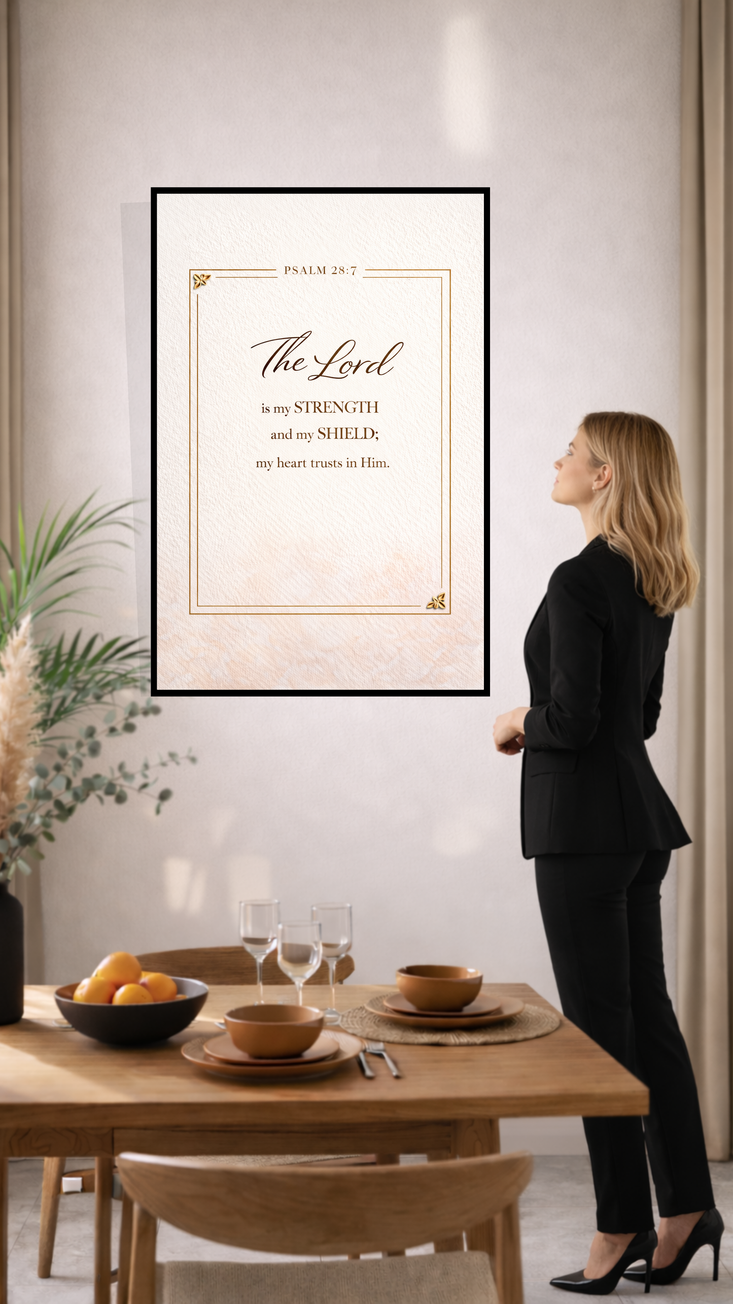 Psalm 28:7 “The Lord Is My Strength and My Shield” Bible Verse Wall Art – Home Decor