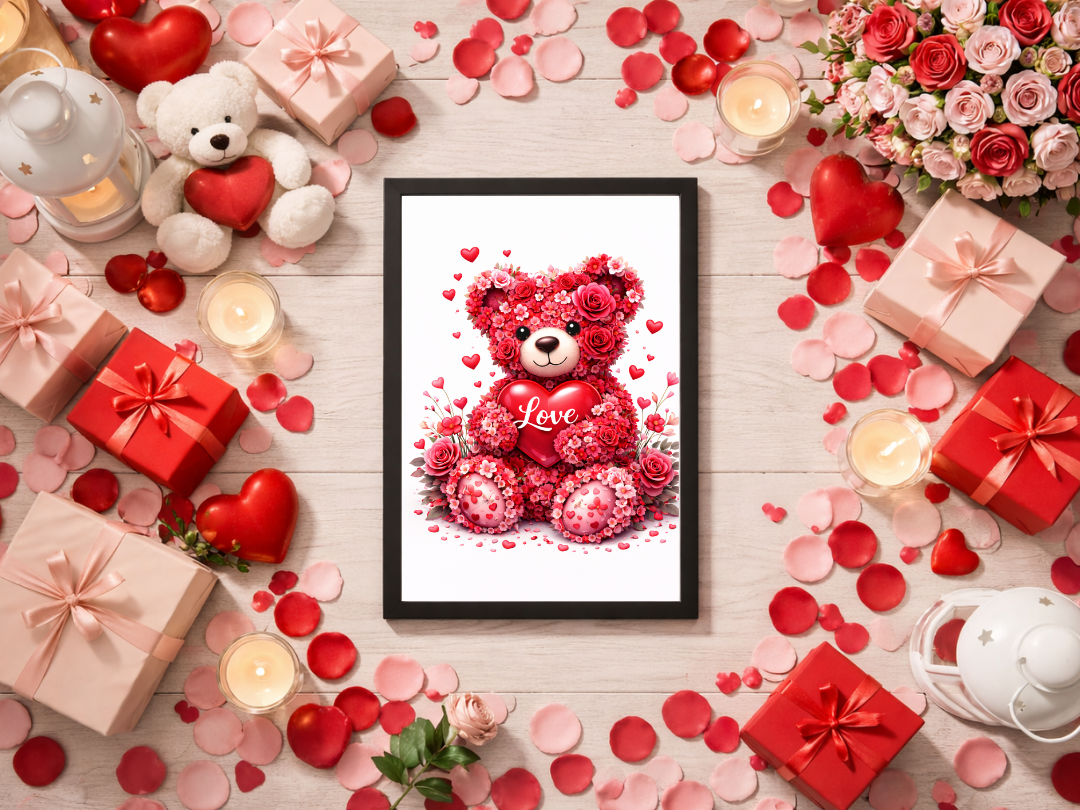 Floral Teddy Bear Love Wall Art – Valentine’s Day Decor & Gift | Digital Download