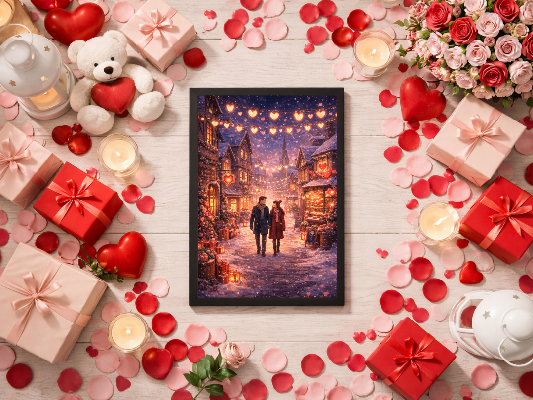 Valentine Village Wall Art – Romantic Couple Night Love Scene | Digital Download