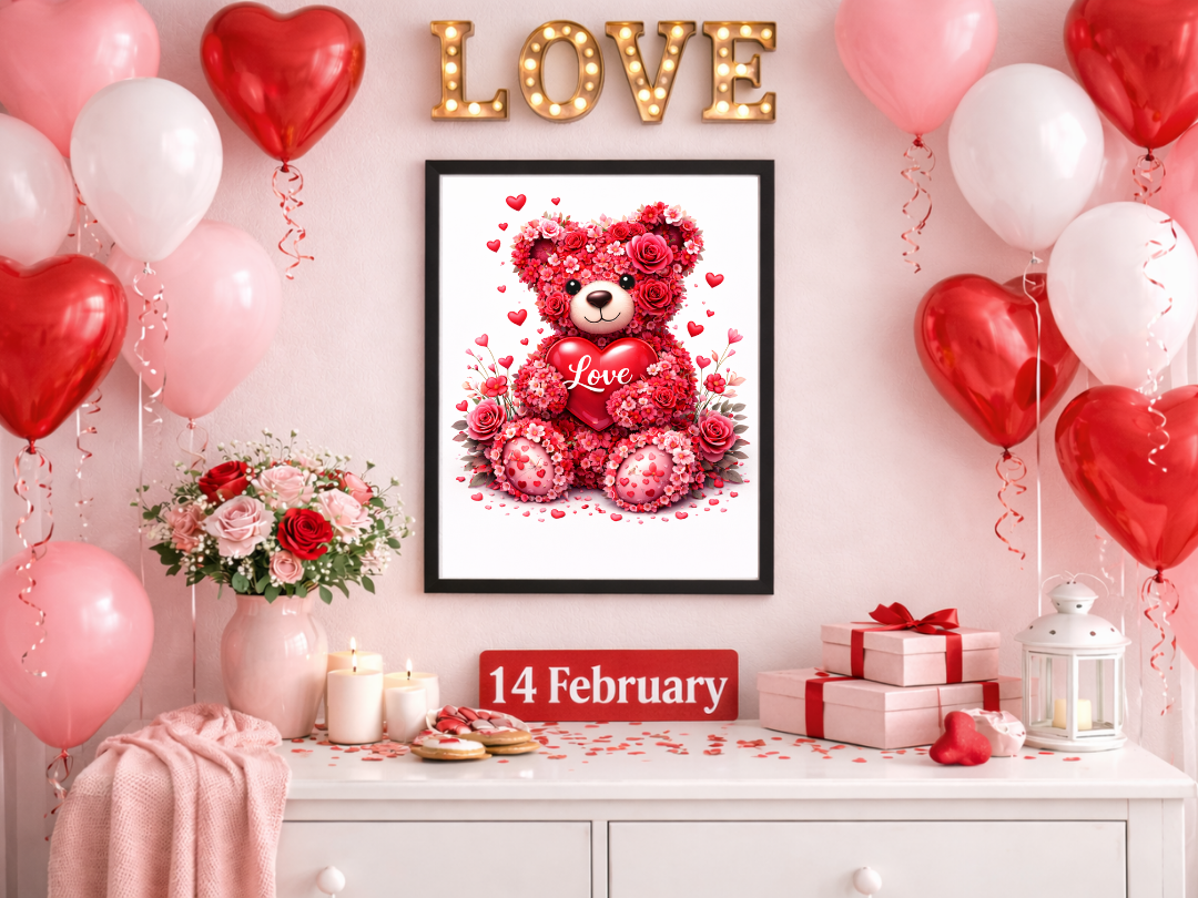 Floral Teddy Bear Love Wall Art – Valentine’s Day Decor & Gift | Digital Download