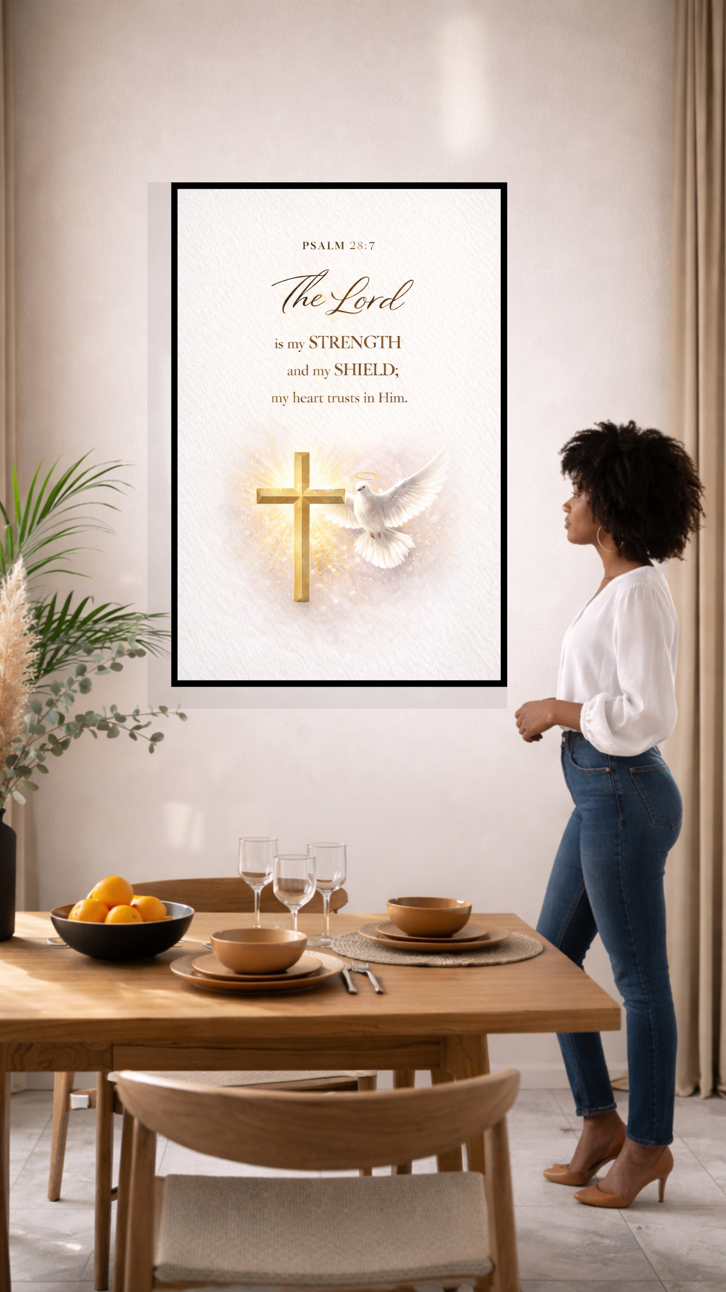 Psalm 28:7 “The Lord Is My Strength and My Shield” Bible Verse Wall Art – Home Decor