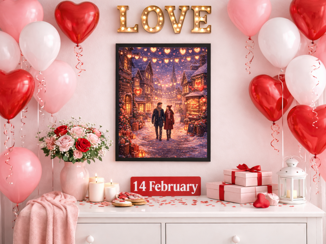 Valentine Village Wall Art – Romantic Couple Night Love Scene | Digital Download