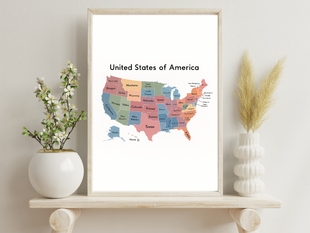 USA Map Poster – Educational States Wall Art for Kids | Digital Download