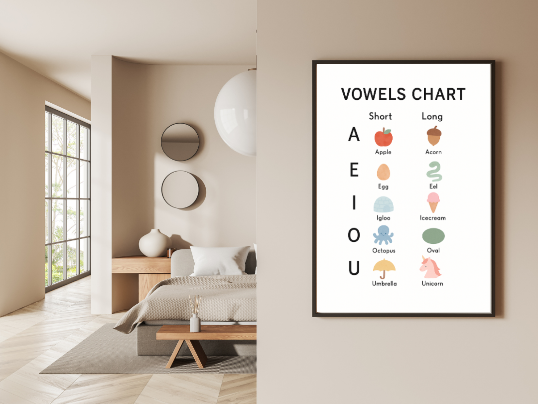 Vowels Chart Poster – Short & Long Vowel Sounds Phonics Print | Digital Download