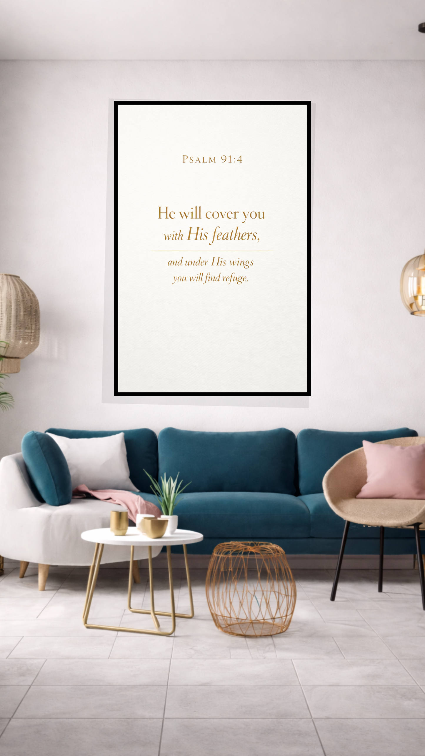 Psalm 91:4 “He Will Cover You With His Feathers” Bible Verse Wall Art – Home Decor