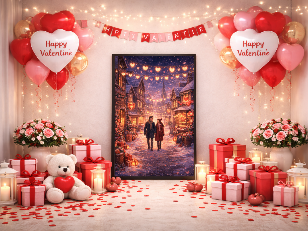 Valentine Village Wall Art – Romantic Couple Night Love Scene | Digital Download