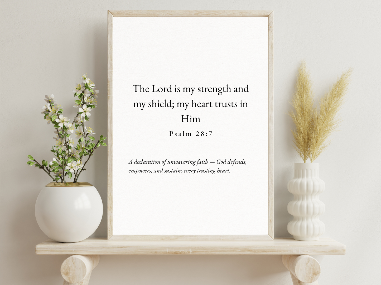 Psalm 28:7 “The Lord Is My Strength and My Shield” Bible Verse Wall Art – Home Decor