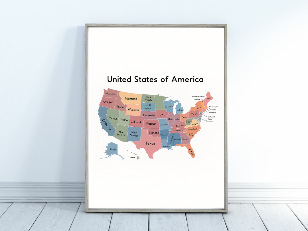 USA Map Poster – Educational States Wall Art for Kids | Digital Download