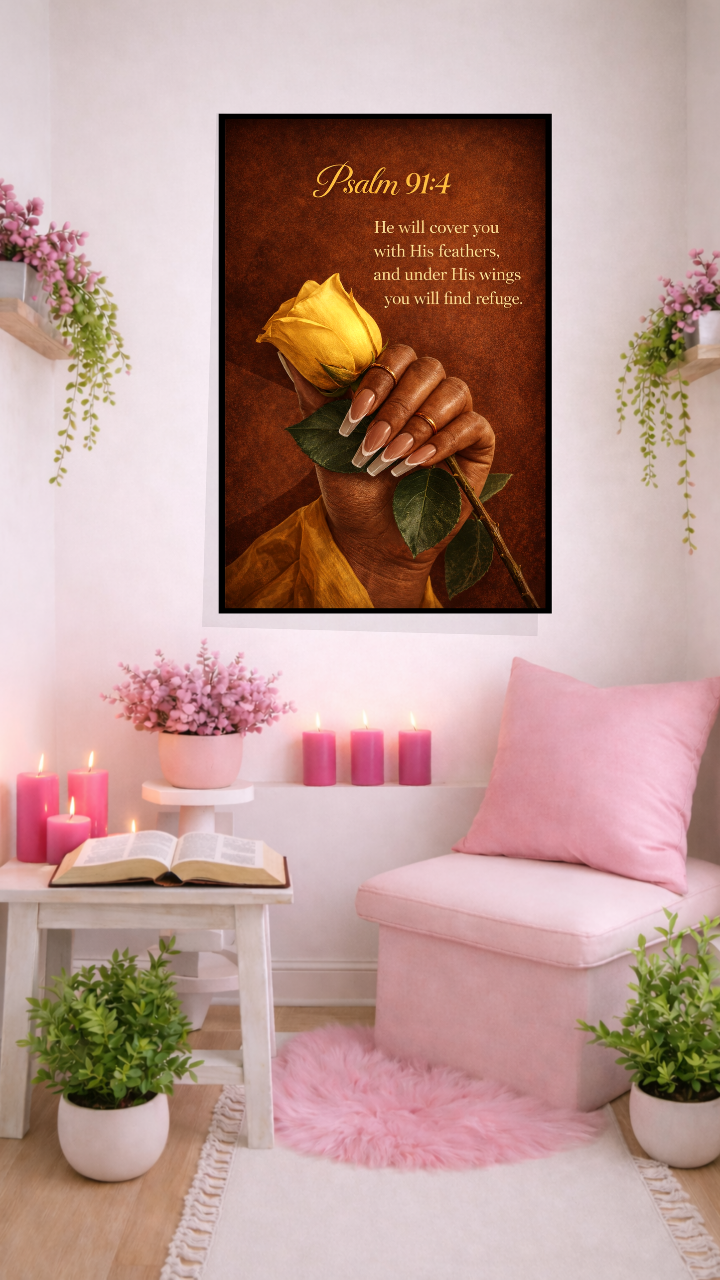 Psalm 91:4 “He Will Cover You With His Feathers” Bible Verse Wall Art – Home Decor