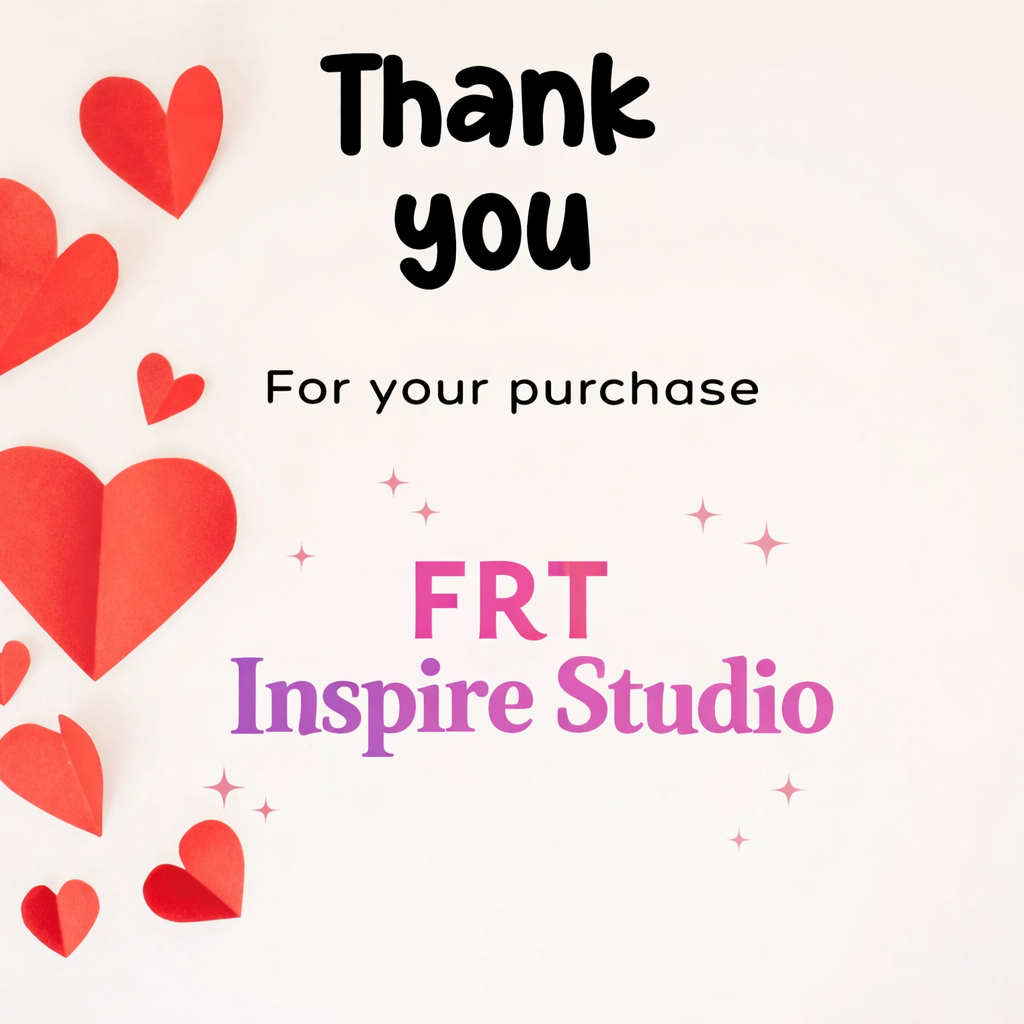 Card with red hearts and text 'Thank you for your purchase FRT Inspire Studio' on a light background