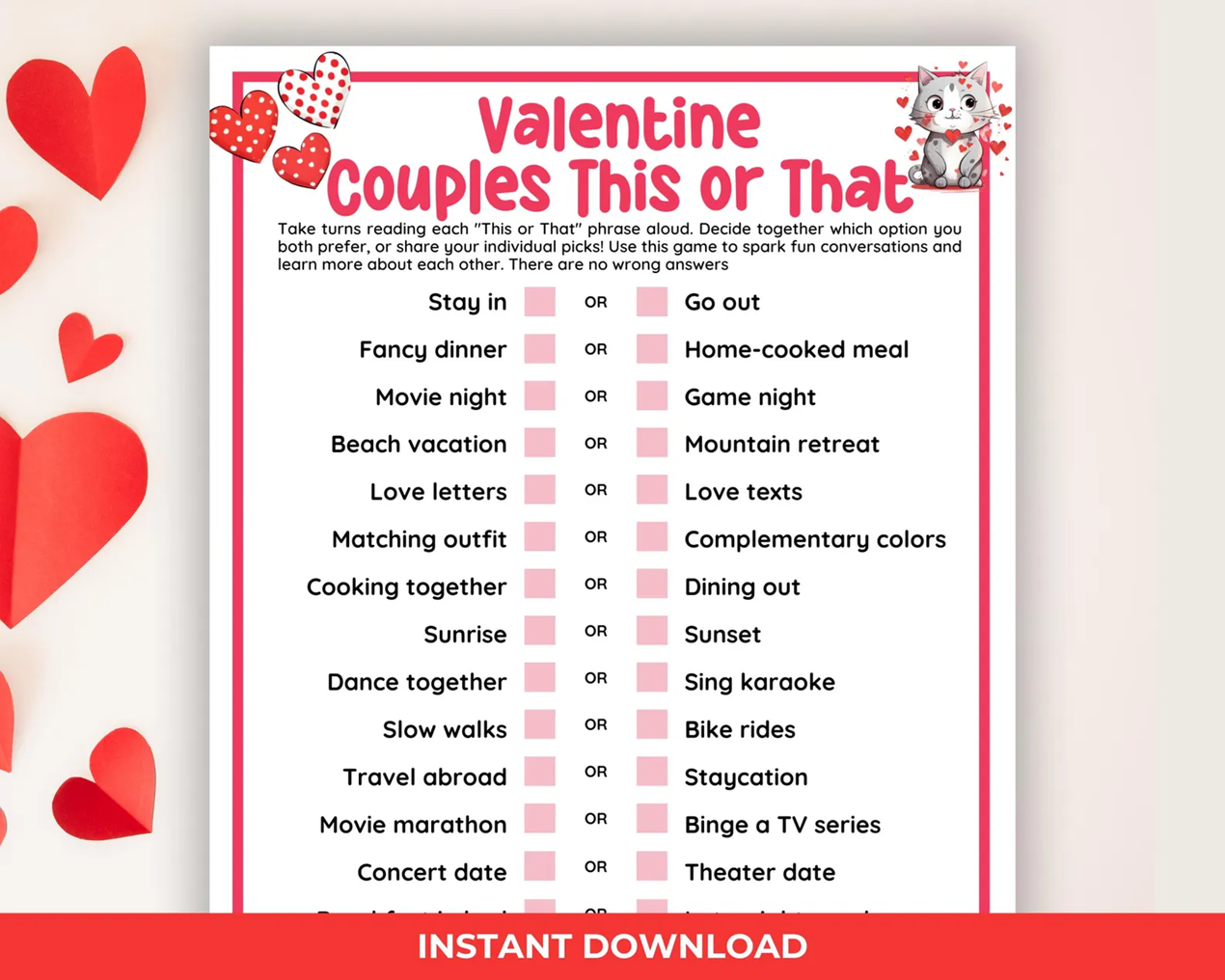 Valentine Couples This or That Game – Fun Date Night Activity | Digital Download