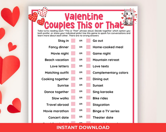 Valentine Couples This or That Game – Fun Date Night Activity | Digital Download