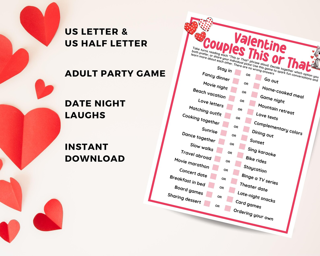 Valentine Couples This or That Game – Fun Date Night Activity | Digital Download