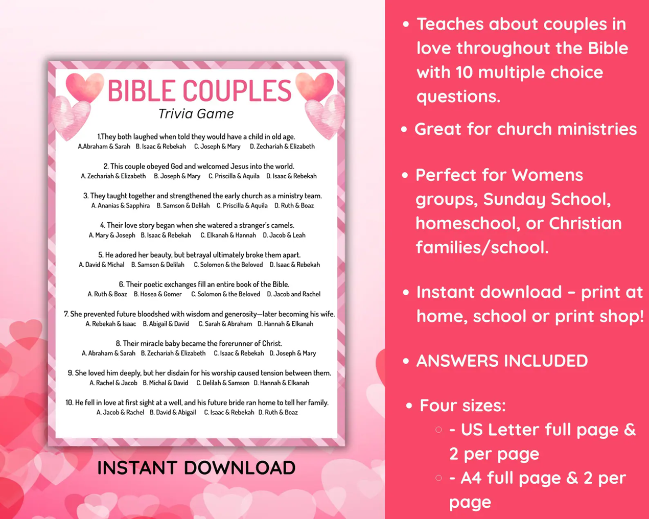 Bible Couples Trivia Game – Christian Valentine’s Activity & Love Quiz | Digital Download